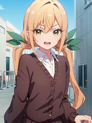 karaneinda, blonde hair, (yellow eyes:1.5), hair ribbon, twintails, low twintails, long hair, (green ribbon:1.2), open mouth, skirt, school uniform, white shirt, pleated skirt, collar, black skirt, brown cardigan, long sleeves, looking at viewer, evil smile, (upper body:1.5), sky, outdoors, day, building, best quality, high resolution, unity 8k wallpaper, (beautiful detailed eyes:1.6), extremely detailed face, perfect lighting, extremely detailed CG, (perfect hands, perfect anatomy)