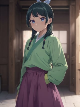 cowboy shot,hand on hip,,maomao,1girl,blunt bangs,green hair,long hair,blue eyes,solo,gonvgreen,sidelocks,twin braids,hair over shoulder,hair beads,half updo,single hair bun,hair ribbon,blue ribbon,freckles,hanfu,green japanese clothes,long sleeves,wide sleeves,purple skirt,long skirt,shoes, Exquisite visuals, high-definition,masterpiece,best quality,, 18yo,Young female,Beautiful Fingers,Beautiful long legs,Beautiful body,Beautiful Nose,Beautiful character design, perfect eyes, perfect face,expressive eyes, official art,extremely detailed CG unity 8k wallpaper, perfect lighting,Colorful, Bright_Front_face_Lighting,shiny skin, (masterpiece:1.0),(best_quality:1.0), ultra high res,4K,ultra-detailed, photography, 8K, HDR, highres, absurdres:1.2, Kodak portra 400, film grain, blurry background, bokeh:1.2, lens flare, (vibrant_color:1.2), (beautiful_face:1.5),(narrow_waist), ,NSFW