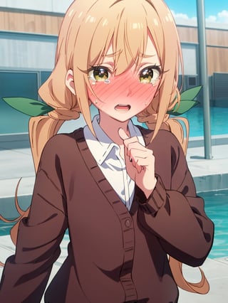 karaneinda, blonde hair, (yellow eyes:1.5), hair ribbon, twintails, low twintails, long hair, (green ribbon:1.2), open mouth, skirt, school uniform, white shirt, pleated skirt, collar, black skirt, brown cardigan, long sleeves, looking at viewer, (watery eyes:1.5), (full-face blush:1.5), (upper body:1.5), sky, outdoors, day, building, best quality, high resolution, unity 8k wallpaper, (beautiful detailed eyes:1.6), extremely detailed face, perfect lighting, extremely detailed CG, (perfect hands, perfect anatomy),pikkykarane