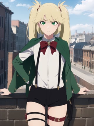 1girl, soro, ninnyspangcole, , ninny spangcole, long hair, blonde hair, (green eyes:1.5), twintails, two side up, shirt, thighhighs, long sleeves, bow, jacket, white shirt, shorts, bowtie, red bow, thigh strap, capelet, black shorts, suspenders, green jacket, suspender shorts, outdoors, city, sun, sky, clouds, looking at viewer, (cowboy shot:1.5), (masterpiece:1.2), best quality, high resolution, unity 8k wallpaper, (illustration:0.8), (beautiful detailed eyes:1.6), extremely detailed face, perfect lighting, extremely detailed CG, (perfect hands, perfect anatomy),ninny spangcole