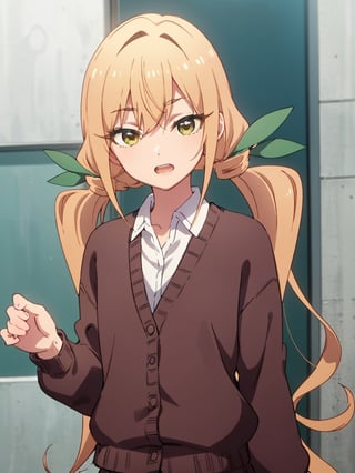 karaneinda, blonde hair, (yellow eyes:1.5), hair ribbon, twintails, low twintails, long hair, (green ribbon:1.2), open mouth, skirt, school uniform, white shirt, pleated skirt, collar, black skirt, brown cardigan, long sleeves, looking at viewer, smug face, (upper body:1.5), sky, outdoors, day, building, best quality, high resolution, unity 8k wallpaper, (beautiful detailed eyes:1.6), extremely detailed face, perfect lighting, extremely detailed CG, (perfect hands, perfect anatomy)