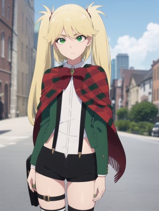 1girl, soro, ninnyspangcole, , ninny spangcole, long hair, blonde hair, (green eyes:1.5), twintails, two side up, shirt, thighhighs, long sleeves, bow, jacket, white shirt, shorts, bowtie, red bow, thigh strap, capelet, black shorts, suspenders, green jacket, suspender shorts, outdoors, city, sun, sky, clouds, looking at viewer, (cowboy shot:1.5), (masterpiece:1.2), best quality, high resolution, unity 8k wallpaper, (illustration:0.8), (beautiful detailed eyes:1.6), extremely detailed face, perfect lighting, extremely detailed CG, (perfect hands, perfect anatomy),