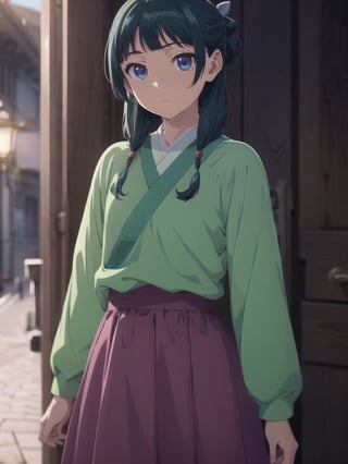 cowboy shot,hand on hip,,maomao,1girl,blunt bangs,green hair,long hair,blue eyes,solo,gonvgreen,sidelocks,twin braids,hair over shoulder,hair beads,half updo,single hair bun,hair ribbon,blue ribbon,freckles,hanfu,green japanese clothes,long sleeves,wide sleeves,purple skirt,long skirt,shoes, Exquisite visuals, high-definition,masterpiece,best quality,, 18yo,Young female,Beautiful Fingers,Beautiful long legs,Beautiful body,Beautiful Nose,Beautiful character design, perfect eyes, perfect face,expressive eyes, official art,extremely detailed CG unity 8k wallpaper, perfect lighting,Colorful, Bright_Front_face_Lighting,shiny skin, (masterpiece:1.0),(best_quality:1.0), ultra high res,4K,ultra-detailed, photography, 8K, HDR, highres, absurdres:1.2, Kodak portra 400, film grain, blurry background, bokeh:1.2, lens flare, (vibrant_color:1.2), (beautiful_face:1.5),(narrow_waist), ,NSFW
