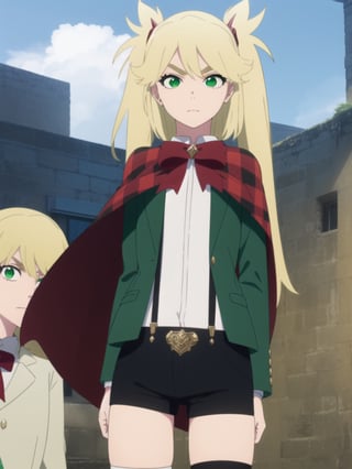 ninnyspangcole, , ninny spangcole, long hair, blonde hair, (green eyes:1.5), twintails, two side up, shirt, thighhighs, long sleeves, bow, jacket, white shirt, shorts, bowtie, red bow, thigh strap, capelet, black shorts, suspenders, green jacket, suspender shorts, outdoors, city, sun, sky, clouds, looking at viewer, (cowboy shot:1.5), (masterpiece:1.2), best quality, high resolution, unity 8k wallpaper, (illustration:0.8), (beautiful detailed eyes:1.6), extremely detailed face, perfect lighting, extremely detailed CG, (perfect hands, perfect anatomy),