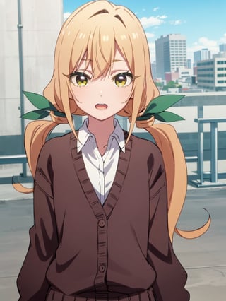 karaneinda, blonde hair, (yellow eyes:1.5), hair ribbon, twintails, low twintails, long hair, (green ribbon:1.2), open mouth, skirt, school uniform, white shirt, pleated skirt, collar, black skirt, brown cardigan, long sleeves, looking at viewer, (upper body:1.5), sky, outdoors, day, building, best quality, high resolution, unity 8k wallpaper, (beautiful detailed eyes:1.6), extremely detailed face, perfect lighting, extremely detailed CG, (perfect hands, perfect anatomy)