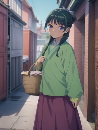 Maomao, frown, east asian architecture, blunt bangs, green hair, long hair, blue eyes, solo, gonvgreen, sidelocks, twin braids, hair over shoulder, hair beads, half updo, single hair bun, hair ribbon, blue ribbon, freckles, hanfu, green japanese clothes, long sleeves, wide sleeves, purple skirt, long skirt, shoes, (have a laundry basket:1.5), courtyard, beam smile, outdoors, cowboy shot, looking at viewer
