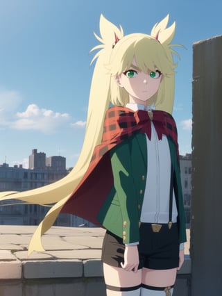 1girl, soro, ninnyspangcole, , ninny spangcole, long hair, blonde hair, (green eyes:1.5), twintails, two side up, shirt, thighhighs, long sleeves, bow, jacket, white shirt, shorts, bowtie, red bow, thigh strap, capelet, black shorts, suspenders, green jacket, suspender shorts, outdoors, city, sun, sky, clouds, looking at viewer, (cowboy shot:1.5), (masterpiece:1.2), best quality, high resolution, unity 8k wallpaper, (illustration:0.8), (beautiful detailed eyes:1.6), extremely detailed face, perfect lighting, extremely detailed CG, (perfect hands, perfect anatomy),