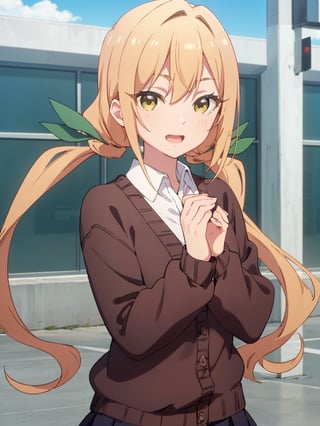 karaneinda, blonde hair, (yellow eyes:1.5), hair ribbon, twintails, low twintails, long hair, (green ribbon:1.2), open mouth, skirt, school uniform, white shirt, pleated skirt, collar, black skirt, brown cardigan, long sleeves, looking at viewer, evil smile, (upper body:1.5), sky, outdoors, day, building, best quality, high resolution, unity 8k wallpaper, (beautiful detailed eyes:1.6), extremely detailed face, perfect lighting, extremely detailed CG, (perfect hands, perfect anatomy)