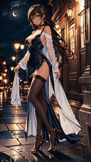 (1gril,)) dress, ((long dress)) cut_leg_dress, low cut, brown hair, gold earing, ((medium breast,)) (full body, )black stockings, choker, black heels, ((plataform heels,)) ((nigth, )) ((dark skin,)) long hair, dark_skinned_female,