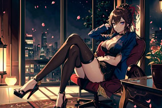 (1gril,))((office suit,)) ((office skirt,))  brown hair, gold earing, ((medium breast,)) (full body, )black stockings, choker, black heels, ((plataform heels,)) ((nigth, )) ((dark skin,)) long hair, petals_in_wind, siting, crossed_legs, dark skin,kukishinobudef,kukishinoburnd