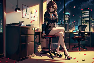 (1gril,))((office suit,)) ((office skirt,))  brown hair, gold earing, ((medium breast,)) (full body, )black stockings, choker, black heels, ((plataform heels,)) ((nigth, )) ((dark skin,)) long hair, petals_in_wind, siting, crossed_legs, dark skin,