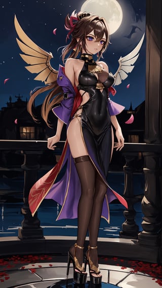 (1gril,)) dress, ((long dress))  low cut, brown hair, gold earing, ((medium breast,)) (full body, )black stockings, choker, black heels, ((plataform heels,)) ((nigth, )) ((dark skin,)) long hair, petals_in_wind, flying, dark wings,on_one_leg,kukishinobudef