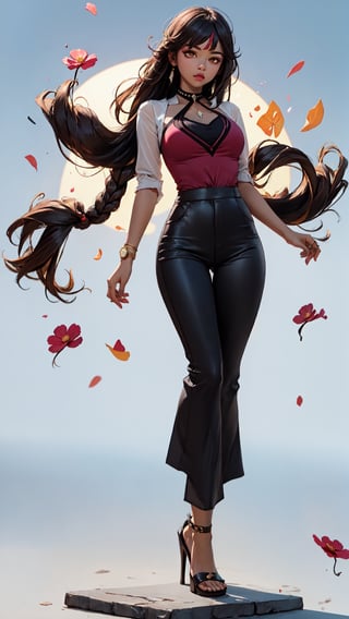 (1gril, )) ((pants,)) ((wide pants,))  ((pink blouse,)) ((wide blouse,)) gold earing, medium breast, (full body, ) black heels, ((plataform heels, )) choker, petals_in_wind, hand_combing_hair, sakura background, serious, ((glasses,)) ((nigth,))  long hair, ((dark skin,)),yelan_\(genshin_impact\)