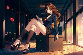 (1gril,))((office suit,)) ((office skirt,))  brown hair, gold earing, ((medium breast,)) (full body, )black stockings, choker, black heels, ((plataform heels,)) ((nigth, )) ((dark skin,)) long hair, petals_in_wind, siting, crossed_legs, dark skin,furia