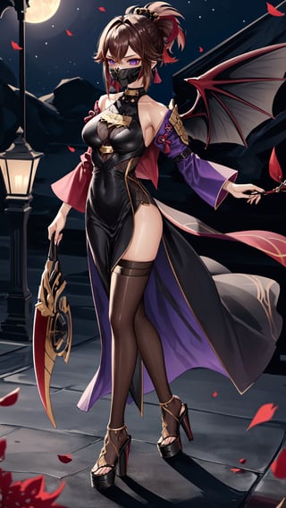 (1gril,)) dress, ((long dress))  low cut, brown hair, gold earing, ((medium breast,)) (full body, )black stockings, choker, black heels, ((plataform heels,)) ((nigth, )) ((dark skin,)) long hair, petals_in_wind, flying, dark wings,on_one_leg,kukishinobudef