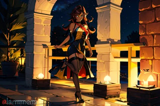 (1gril,)) dress, ((long dress)) cut_leg_dress, low cut, brown hair, gold earing, ((medium breast,)) (full body, )black stockings, choker, black heels, ((plataform heels,)) ((nigth, )) ((dark skin,)) long hair, dark_skinned_female,