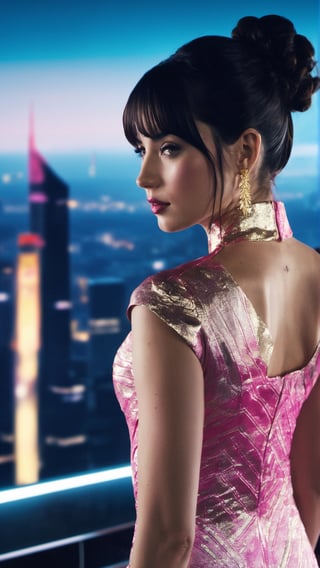 close-up cinematic film still of ((ohwx woman)) on the terrace of a building, at night, futuristic city background, short bangs with gathered tail, futuristic black dress, highly detailed, high budget, moody, epic, (1gril, )) ((qipao, )) ((pink qipao, )) gold earing, medium breast, (full body, ) black heels, ((plataform heels, )) choker,