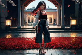 (1gril, )) ((pants,)) ((wide pants,))  ((pink blouse,)) ((wide blouse,)) gold earing, medium breast, (full body, ) black heels, ((plataform heels, )) choker, petals_in_wind, hand_combing_hair, sakura background, serious, ((glasses,)) ((nigth,))  long hair, ((dark skin,)) guitar, playing guitar,