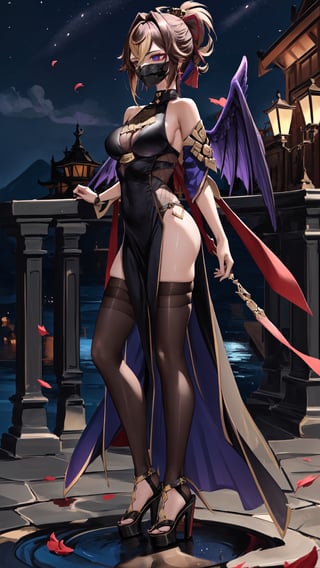 (1gril,)) dress, ((long dress))  low cut, brown hair, gold earing, ((medium breast,)) (full body, )black stockings, choker, black heels, ((plataform heels,)) ((nigth, )) ((dark skin,)) long hair, petals_in_wind, flying, dark wings,on_one_leg,kukishinobudef