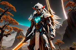 4K, 8K, masterpiece, perfect focus, in_focus, clear focus, best quality, insanely realistic, life like photo, 4k full body cinematic shot photo of a squad of male space elf cyber soldiers holding glowing elven swords and aiming elven futuristic guns in sci-fi jungle mother earth tree elven outpost at midnight, milkyway, bioluminescent lighting, galaxy in background, blood moon in background, landscape sci fi elven ship circular landing platform on tree of life, attack pose, Torchlit, torchlit, aiming elven space rifle pose, aiming guns, firing guns circular energy sheild, insanely detailed helmet, super detailed helmet, hyper detailed helmet, slashing_pose, galaxy matte black armor and neon orange and neon teal trim colors , holding glowing lightning sword, sci-fi elven open faced helmet, full body armor, weapon master, pistol on hip, pistol in armpit holster, sword in hand, sword neon glow, neon wrist weapons,cyberpunk headgear, full body armor, weapon master, sword in hand, sword neon glow, neon wrist weapons, bulky weathered space marine armor, perfect eyes, glassy eyes, 4k eyes, sci fi daggers on body, white sclera eye color, 4k realistic eyes, realistic armor texture, beautiful, bulky full body interlocking armor panels, handsome face, face photorealistic, angry face, aiming elven space rifle, dreadlock messy bun hairstyle, fair  skin, fit, 4k hyperrealistic face, muscular, fair skin, mature males, photorealistic cyberpunk elf Man, hi-tech equipment, kintsugi gengji from overwatch armor and sword, cyberpunk armor, enforcer armor, full sci-fi plate armor, bandoliers, shaved hair, vampire_teeth, subsurface scattering, reflective, polished, perfect_teeth, Extremely detailed face, movie quality face, hyper realistic face, huge muscles, neck protection armor, astronaut helmet on chimps, chimp with translucent visored helmet, sci fi helmets, mecha bow and quiver on back, loose wires, spear, mecha weapons in hand, glowing lightning sword, energy blade, warrior, warrior armor chest armor, shin_ armor, battle belts, tools on belt, mecha jetpack, cyberpunk exosuit, 4 thrusters, detailed panel lining, mechanical, high quality, random expression, freckles, beautiful, dslr, 8k, 4k, ultra realistic faces, realistic faces, insanely detailed faces,2nd and 3rd row focus insanely detailed faces, natural skin, textured skin, Movie Still, vengeful amber eyes, elven_ears,Read description, NightmareFlame, Movie Still, HIGH resolution, SUPER resolution, HYPER resolution, HD resolution, beautiful ,mecha