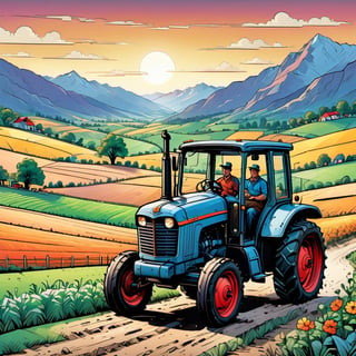 illustration style, comic, ink drawing, ink outliner, style cartoon, illustration, ink outliner, bright color, illustration, 2D, cartoon style,farmer driving old tractor in field,evening sunset, beautiful sunset, mountains in the distance ,comic book