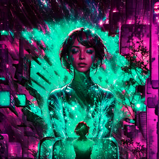 (masterpiece), (best quality), a beautiful girl mocking the viewer, 1girl, Worn-Out electric indigo patterns, tilt shift, cyberdelic, Neon Light, Depth of field 100mm . graphic illustration, comic art, graphic novel art, vibrant, highly detailed, colorful, glitter,	 SILHOUETTE LIGHT PARTICLES,(nsfw),yofukashi background,multiple_color, very detailed face, colorful, vibrant colors,