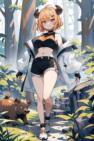 (masterpiece, best quality, highres:1.3), ultra resolution image, (1girl), (solo), (tomboy:1.3), boar concept, vtuber, navel, brown hair, orange eye, short curvy hair, large breast, (white crop top), short pants, (orange|white tone jacket), charactersheet, full body, 8k, (forest background), line claire, from front, off_shoulder, smile, ;3, 

BREAK

Design an outfit that captures the graceful yet fierce essence of a boar horns, blending natural hues and angular elements to create a unique and captivating look for a girl, niji, 