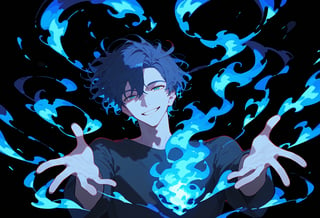 1boy, black shirts, blue fire, fire, floating hair, head tilt, open hands, palms, parted lips, male focus, black background, smile, solo, talisman, translucent, white background, 

depth of field, color grading, toon shading,

best quality, amazing quality, very aesthetic, absurdres, score_9, score_8_up, score_7_up
