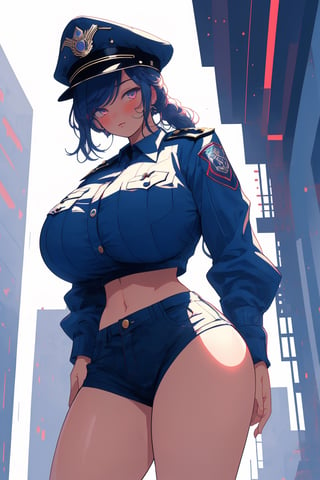 (masterpiece, best quality, highres:1.3), ultra resolution image, niji, 1girl, solo, gigantic breasts, looking at viewer, midriff, police, from below, midjourney, blush, side angle, cowboy_shot, modern background, 
