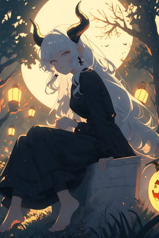 (masterpiece, best quality, highres:1.1), ultra resolution image, (solo), (1girl), niji, long hair, dress, bow, sitting, very long hair, white hair, horns, barefoot, black dress, tree, night, bird, moon, grass, cross, fire, full moon, halloween, skull, lantern, fence, jack-o'-lantern, pumpkin, bare tree, tombstone, graveyard, midjourney,