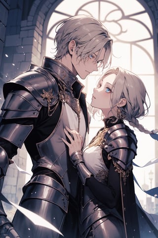 (masterpiece, best quality, highres:1.1), ultra resolution image, male, female, couple, fantasy, official_art, illust, dynamic angle, knight, niji, manga, sketch, stare each other, 