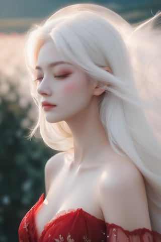 (masterpiece, best quality, niji style, realistic), beautiful woman, red transparent dress, upper body shot, side view, white hair, eyes closed.