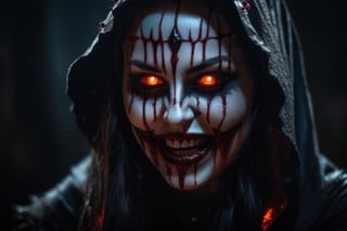 Close-up portrait of  young female necromancer, high res, high detailer face, high detail skin, orange eyes, fangs, sharp teeth, bleeding, light on face, red and blood scense