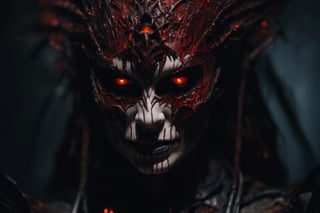 Close-up portrait of female necromancer, high res, high detailer face, high detail skin, orange eyes, fangs, bleeding, red and blood scense