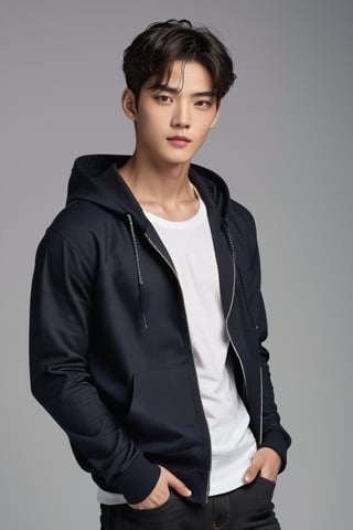 A masterpiece of a young man stands proudly before us. He wears a black, long-tailed unzipped hoodie with a white shirt beneath, rolled-up sleeves showcasing toned arms, with dark navy skinny jeans and a pair of sneakers. His short, comma-shaped hair is jet black with his bangs parting in the middle, framing his square jaw and striking amber eyes. The pupils are sharp and realistic, taking center stage amidst the dark fantasy backdrop. A hint of half-Korean, half-German heritage shines through in his features. The model's 26 years old, yet exudes a sense of maturity, adulthood and confidence.