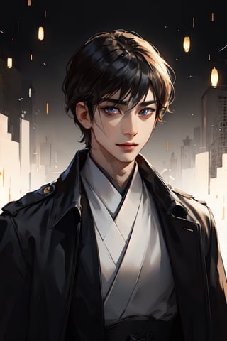 masterpiece, half body shot of a man wearing a black trench jacket, white shirt underneath, good art, male, 1boy, black_hair, short-hair, bangs, gold_eyes, realistic eyes, realistic pupils, full eyes, sharp pupils, even eyes, sharp details, good art, smiling, realistic eyes, dark, Dark fantasy, japanese fantasy,zhongfenghua,SAM YANG