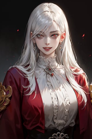 masterpiece, seducing, half body portrait of a woman in her mid 30s wearing a red robe, white buttoned shirt underneath, mature_woman, milf, square jaw, good art, female, sole_female, 1girl, silver_hair, long-hair, braided_hair, asymmetric_bangs, slanted eyes, realistic eyes, realistic pupils, full eyes, sharp pupils, even eyes, sharp details, good art, sexy, seductive, dominant, menhera, insane, crazy smile, evil smile, slanted eyelids, realistic eyes, dark, Dark fantasy,SAM YANG,Chiaki_Garo_aiwaifu,aiwaifu,zhongfenghua