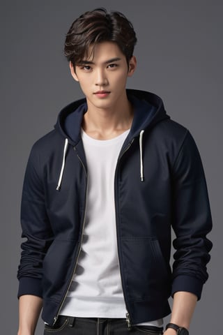 A masterpiece of a young man stands proudly before us. He wears a black, unzipped hoodie with a white shirt beneath, rolled-up sleeves showcasing toned arms, with dark navy skinny jeans and a pair of sneakers. His short, comma-shaped hair is jet black, framing his square jaw and striking amber eyes. The pupils are sharp and realistic, taking center stage amidst the dark fantasy backdrop. A hint of half-Korean, half-German heritage shines through in his features. The model's 26 years old, yet exudes a sense of maturity and confidence.