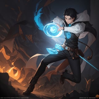 full body shot shot of a young {man} right palm on fire, fire vfx surrounding his right forearm, blue fire vfx circling his right hand, smoke surrounding him, moderate length black hair, wearing black leather jacket and white collared shirt with black pants and black boots, handsome face, full lips, detailed face, good face, amber pupils, sharp pupils, opened eyes, head facing the viewer, looking at the viewer, high res, HDR, 8k, fantasy, medieval, steampunk, digital art, high quality, dark fantasy, stable image, high definition, best proportions, league of legends, sharp details, detailed picture, riot games, illustrated, anime, anime art, drawing, sketch, full body shot, masterpiece, perfect composition, popular art, stylized, artstation, by Alex Flores
