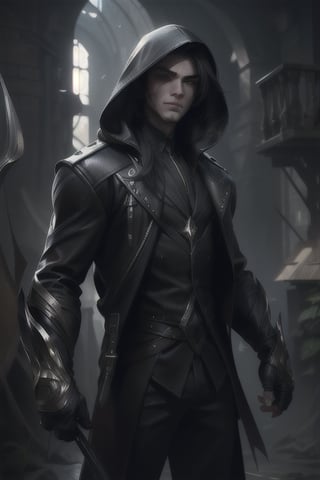 1boy, teen, fair skinned, long hair, black hair, assassin, black_jacket, leather_clothes, black hood, hooded, shadows, black smoke surrounding him, black pants, black boots, brown eyes, 8k, HDR, high_res, highly detailed, good art, amazing art, sharp detail, good face, 8k, HDR, high_res, highly detailed, good art, amazing art, sharp detail, good face, detailed face, good anatomy, proportional, good face