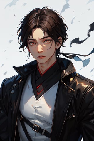 masterpiece, half body shot of a man wearing a black leather jacket holding a katana, good art, male, 1boy, black_hair, short-hair, bangs, red_eyes, crimson eyes, realistic eyes, realistic pupils, full eyes, sharp pupils, even eyes, sharp details, good art, realistic eyes, dark, Dark fantasy, medieval fantasy,zhongfenghua,SAM YANG