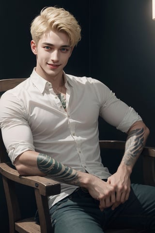 masterpiece, full body shot of a man in his mid 20s wearing a white buttoned up shirt, sitting down on a chair, serpent tattoo on his right arm, black veins all over his forearms, square jaw, good art, male, sole_male, 1boy, blonde_hair, very short hair, flat top cut, short-hair, asymmetric_bangs, realistic eyes, realistic pupils, full eyes, sharp pupils, even eyes, sharp details, good art, dominant, evil smile, slanted eyelids, realistic eyes, dark green eyes, green coloured pupils, dark lighting, Dark fantasy,