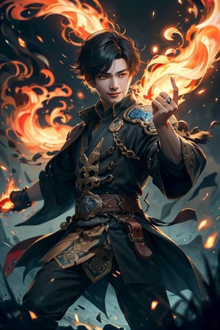 masterpiece, action_pose, half body shot of a man wearing a black trench jacket, white shirt underneath, right arm on fire, fire vfx circling around his right arm, good art, male, 1boy, black_hair, short-hair, bangs, gold_eyes, realistic eyes, realistic pupils, full eyes, sharp pupils, even eyes, sharp details, good art, smiling, realistic eyes, dark, Dark fantasy, chinese fantasy,zhongfenghua,SAM YANG, perfect_hands, good_hands