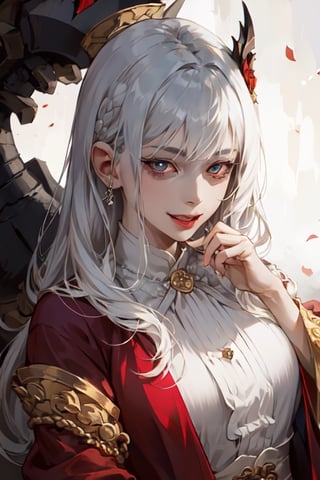 masterpiece, seducing, half body portrait of a woman in her mid 30s wearing a red robe, white buttoned shirt underneath, mature_woman, milf, square jaw, good art, female, sole_female, 1girl, silver_hair, long-hair, braided_hair, asymmetric_bangs, slanted eyes, realistic eyes, realistic pupils, full eyes, sharp pupils, even eyes, sharp details, good art, sexy, seductive, dominant, menhera, insane, crazy smile, evil smile, slanted eyelids, realistic eyes, dark, Dark fantasy,SAM YANG,Chiaki_Garo_aiwaifu,aiwaifu,zhongfenghua