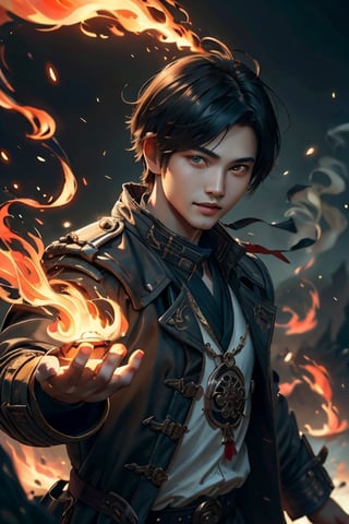 masterpiece, action_pose, half body shot of a man wearing a black trench jacket, white shirt underneath, right arm on fire, fire vfx circling around his right arm, good art, male, 1boy, black_hair, short-hair, bangs, gold_eyes, realistic eyes, realistic pupils, full eyes, sharp pupils, even eyes, sharp details, good art, smiling, realistic eyes, dark, Dark fantasy, chinese fantasy,zhongfenghua,SAM YANG, perfect_hands, good_hands, 
