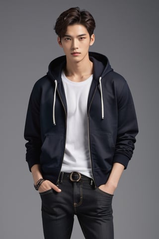 A masterpiece of a young man stands proudly before us. He wears a black, unzipped hoodie with a white shirt beneath, rolled-up sleeves showcasing toned arms, with dark navy skinny jeans and a pair of sneakers. His short, comma-shaped hair is jet black, framing his square jaw and striking amber eyes. The pupils are sharp and realistic, taking center stage amidst the dark fantasy backdrop. A hint of half-Korean, half-German heritage shines through in his features. The model's 26 years old, yet exudes a sense of maturity and confidence.