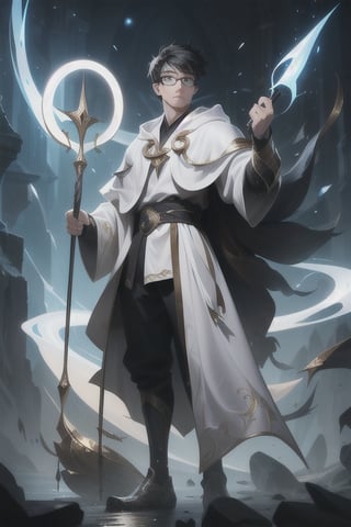 1boy, teen, light skinned, round rimmed glasses, medium length hair, black hair, sorcerer, white robes, white hood, hooded, holding a lightning bolt, black pants, black boots, brown eyes, 8k, HDR, high_res, highly detailed, good art, amazing art, sharp detail, good face, light goatee, holding a magic staff, 8k, HDR, high_res, highly detailed, good art, amazing art, sharp detail, good face, detailed face, good anatomy, proportional, good face