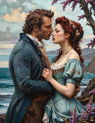 painting with an image of a girl and man , riyo (lyomsnpmp) (style), in the style of italian art, kiss neck,  background sea  heather theurer, rococo art style  figures, raw style , in the style of esao andrews