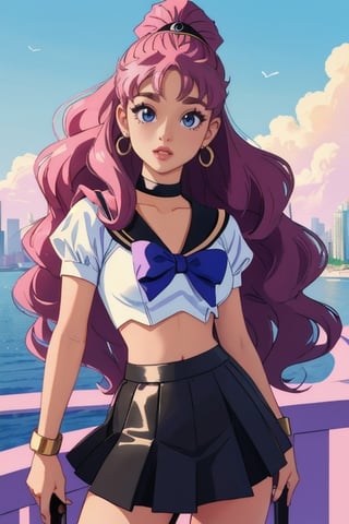 ariana grande in Sailor Moon with skirt metallic "perfect faces asymmetric, perfect eyes, femme fatal pose, with wavy long, , perfect lips, perfect nose, eyes brow, environmental city; modern clothes, and sleek design , guns in pan, bold colors, and a-line silhouette, camera, , portrait, anime stile 90, realistic draw, (masterpiece, best quality, high quality, highres, ultra-detailed), 