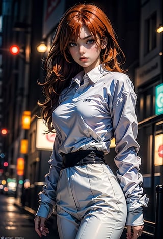 (masterpiece, best quality, high quality, highres, ultra-detailed), Pastels artwork, Asuka Langley Soryuu, total body pose, perfect faces asymmetric, femme fatal pose, with wavy long hair ginger, perfect lips, perfect nose, eyes brow, environmental city at night; a woman wearing fashionable clothes, camera, , portrait, anime stile 90, realistic draw